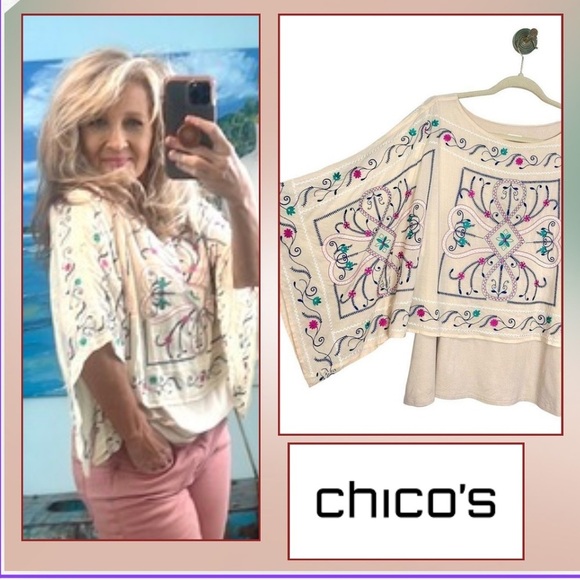 ⭐️Chico's Blouse Cream,Kimono Sleeve Floral Embroidered 2-Layer,Chicos Size Med - Picture 1 of 15